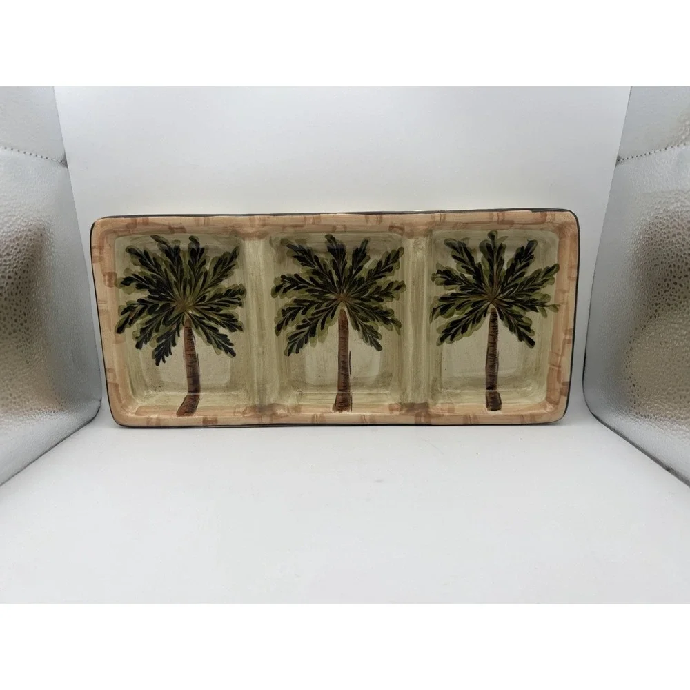 HD Designs Palm Tree 3 Section Ceramic Serving Tray Tropical Divided‎ Platter